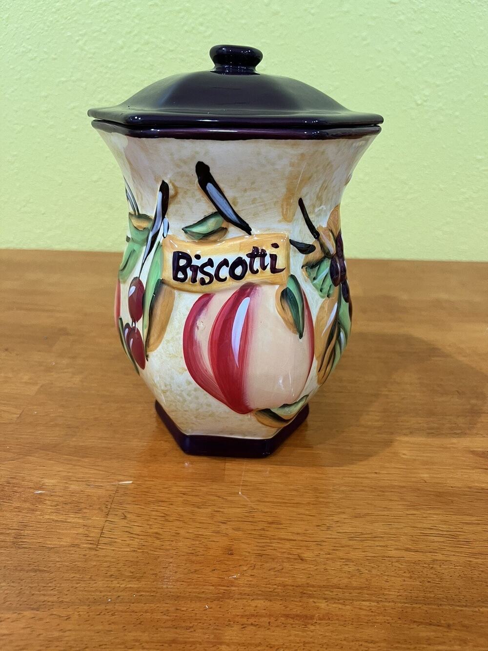 Nonni's Biscotti Ceramic Cookie Jar Canister Hand Painted 3D Purple Fruit 9.5"